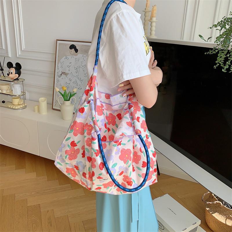 Chic Korean Style Floral Tote Bag Roomy Soft Cotton Summer Shoulder Bag For Everyday Use