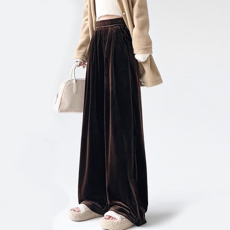 Goldener Samt Weitbeinige Hose Damen Herbst und Winter Locker Hochtailliert Lässig Drapierend Gerade Wischende Lange Hose