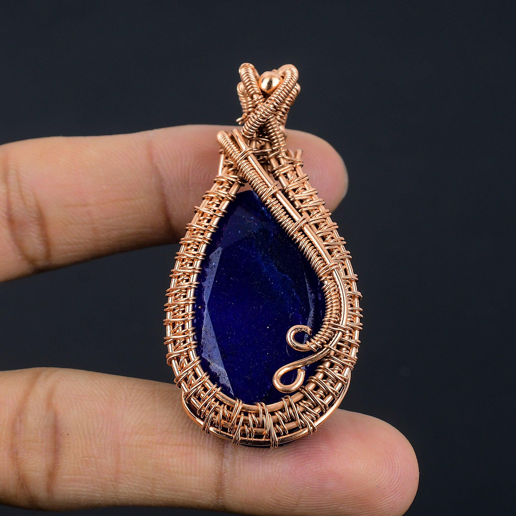 

Кулон с синим сапфиром, Кулон с драгоценным камнем ручной работы, Кулон, обернутый медной проволокой 999 пробы, Антикварное украшение, Для подарка на помолвку 2.55 Inches