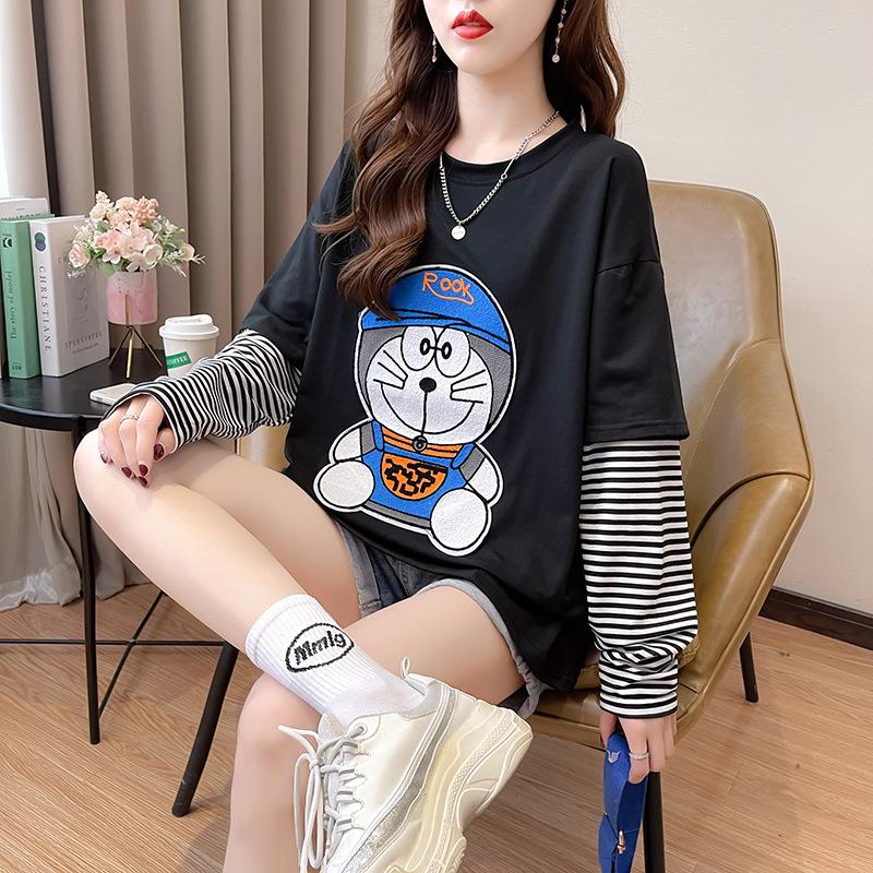 Spring Autumn O Neck Fashion Printing Striped Patchwork T-shirt Women Long Sleeve Loose Casual Bottomed Tee Top