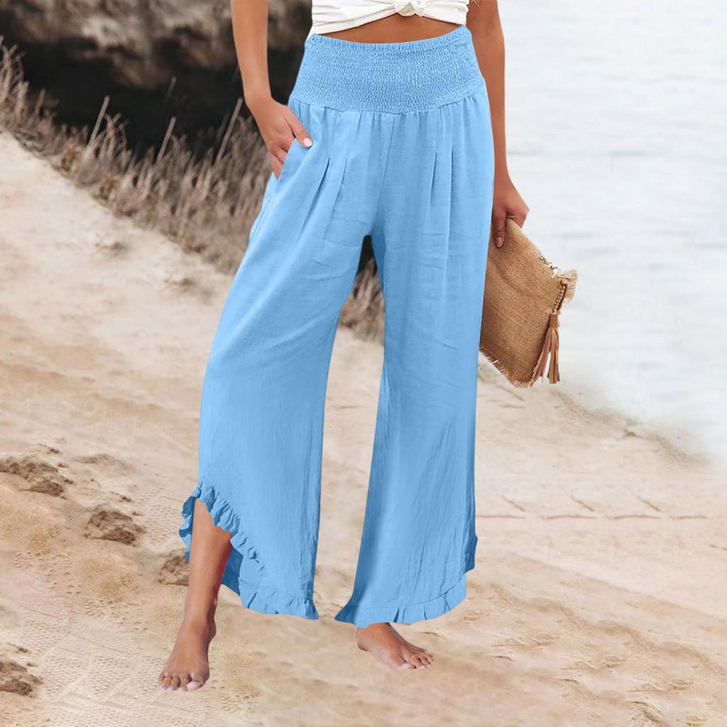 Womens Palazzo Pants Summer Casual Flowy Wide Leg Trousers Beach Travel Vacation Outfits