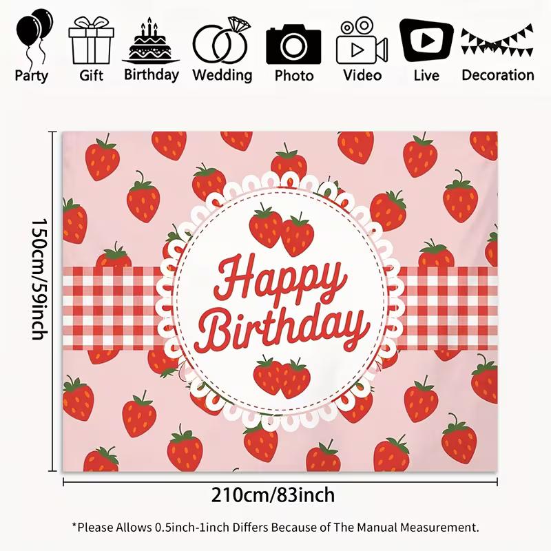 2D Flat Red Gingham Strawberry Birthday Backdrop Photography Background