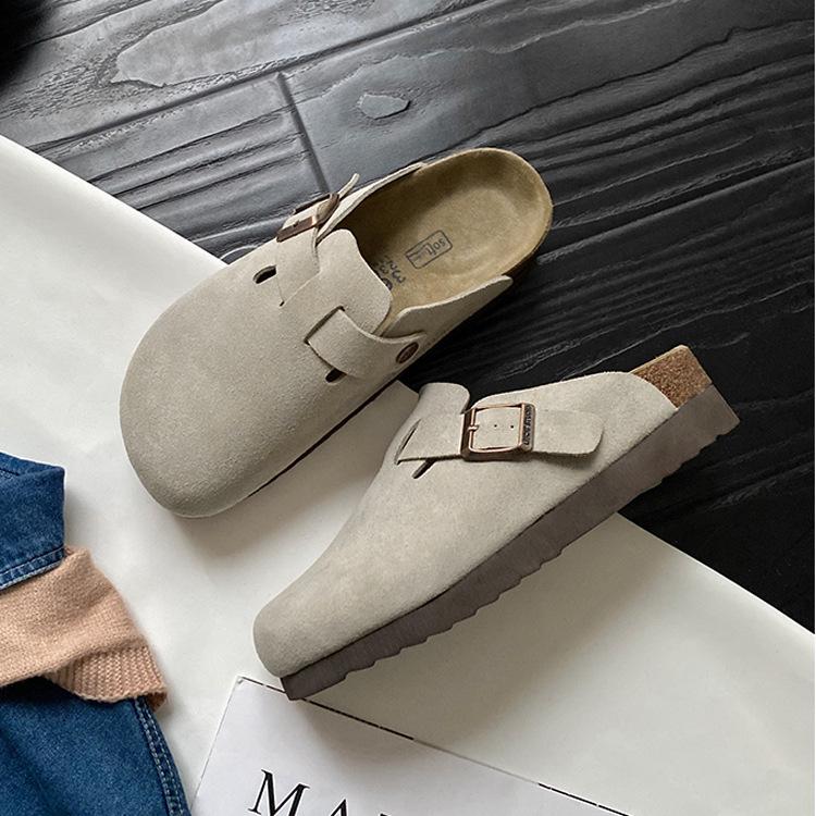 Thick-soled Leather Boken Shoes Women's Cork Heightening Slippers Flat-soled Fishing Boken Shoes Korean Version Retro Bag Head Half Slippers