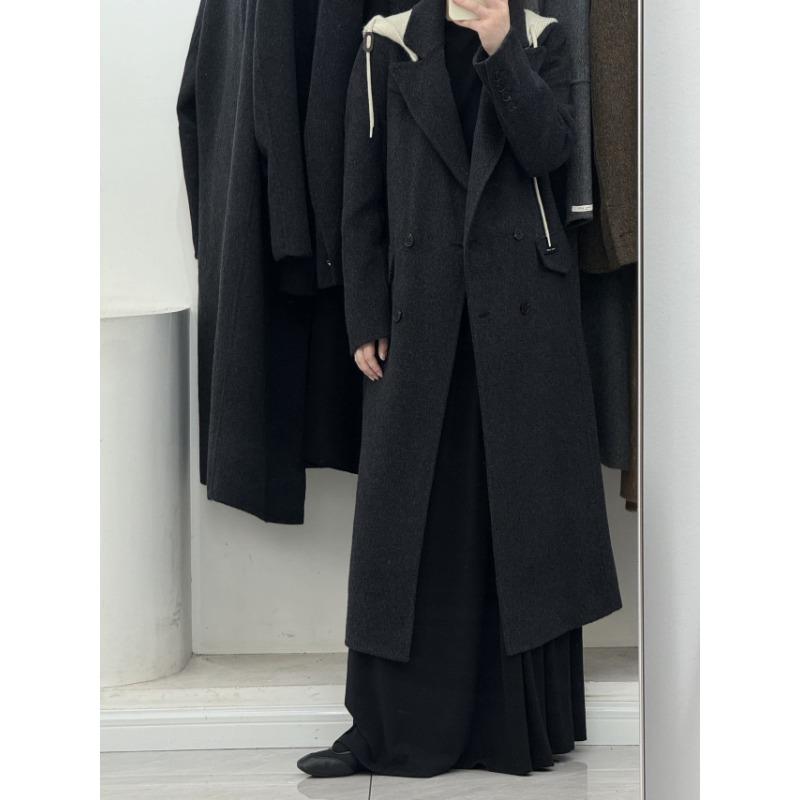 

Премиальное двухстороннее шерстяное пальто с капюшоном, женское, средней длины, осень-зима, корейский стиль, новое свободное шерстяное пальто M