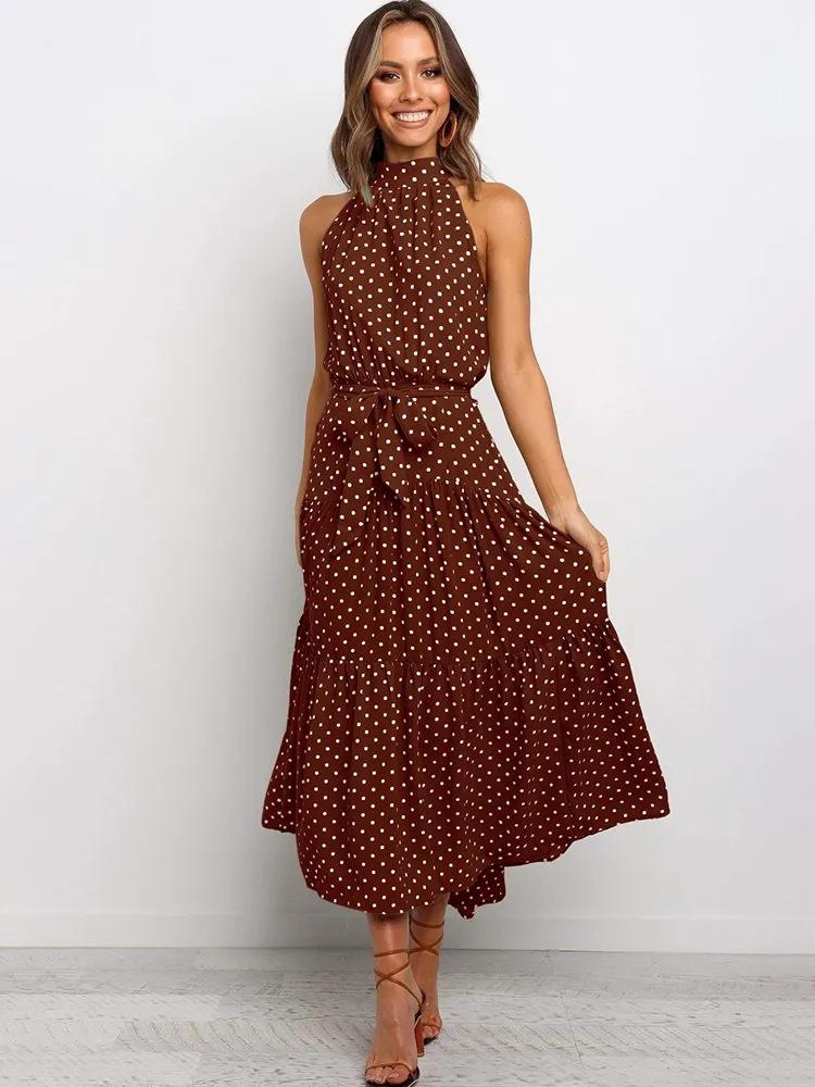 Women's long dress popular new neck polka dot printing lace-up dress