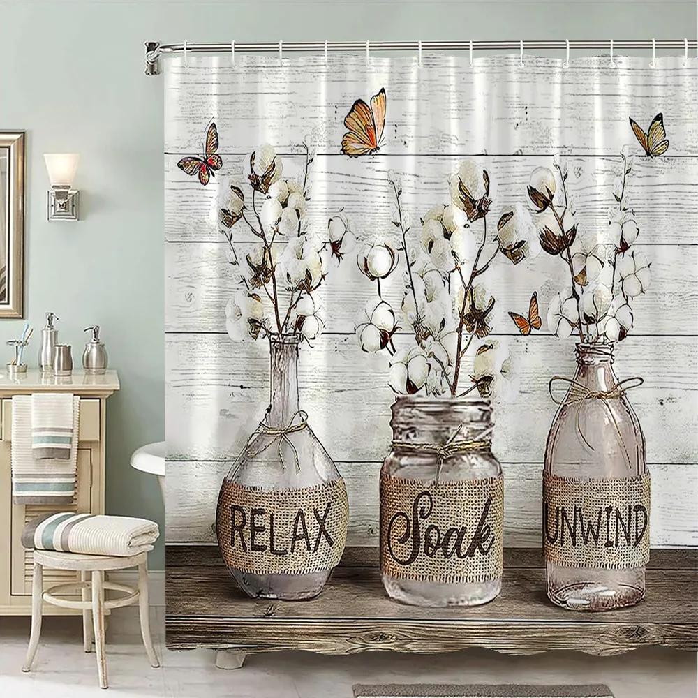 Rustic Wooden Panel Floral Shower Curtain Hummingbird Sunflower Lavender Polyester Fabric Bath Curtain Bathroom Decor with Hooks