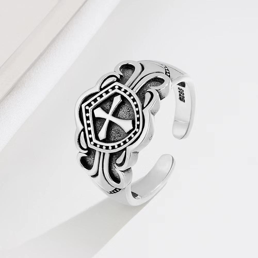 S Nordic Shield Cross Ring for Boys European and American Punk Rock Wide Pasta Ring