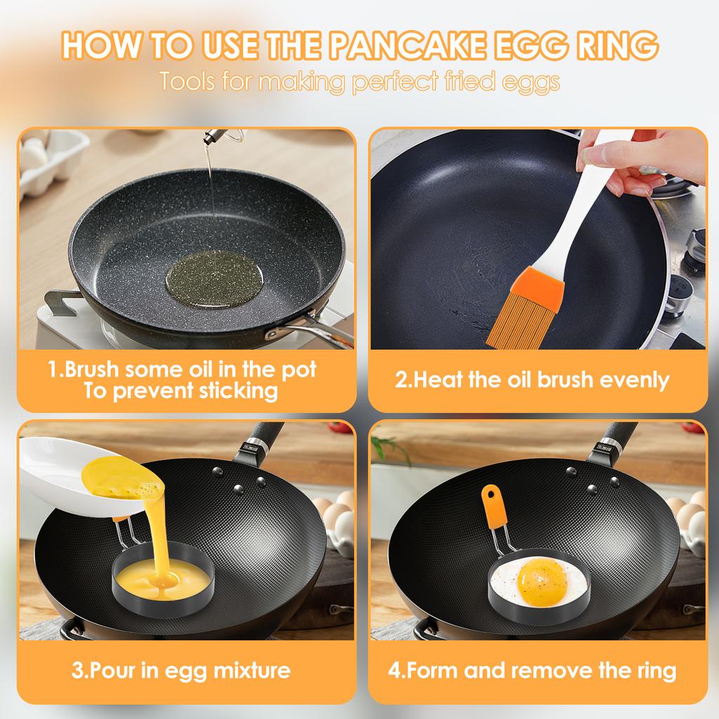 Stainless Steel Egg Ring Set Non Stick Dishwasher Safe Sandwich Egg Mold With Silicone Handle for Breakfast Muffin Pancake