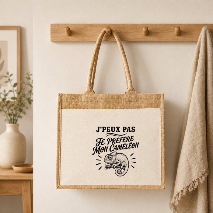 Sac cabas - PLANETEE - J'peux pas minimaliste - Toile de jute et coton - Motif caméléon - 43×33×21 cm (21 L)