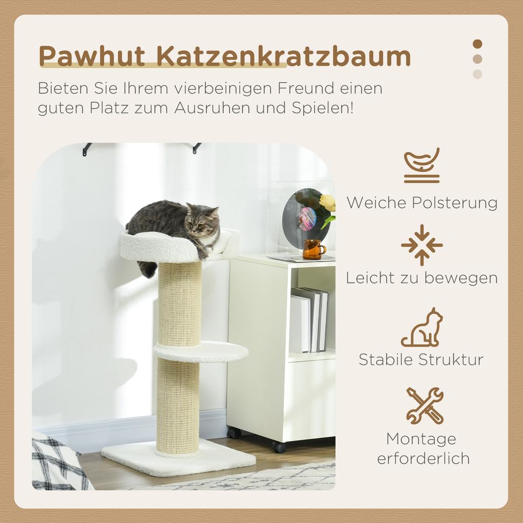 2 Tier Sisal Sherpa Cat Tree with Basket Cushion Sisal Post Cream White