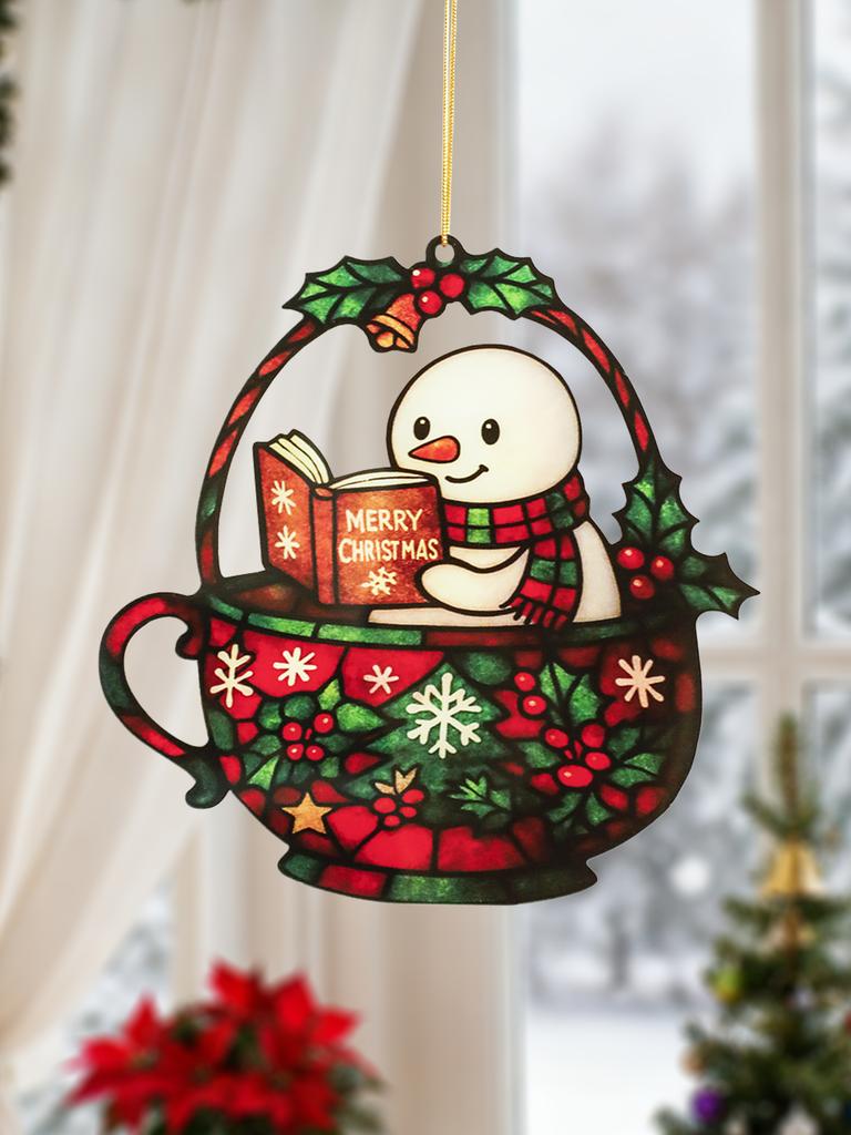 Acrylic Window Hanging Ornament - Cute Snowman Reading Book, Red & Green Teacup Design, Festive Decor for Xmas Tree & Home Decor
