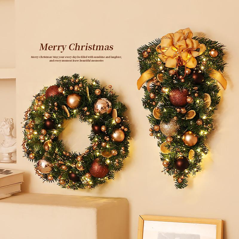 Handmade PVC Christmas Wreath Hanging Ornament Indoor Small Pine Needle Cones with Upside Rattan Bow Pendant Indoor Decorations