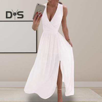 Vestido de noite feminino com decote em v sem mangas plissado bainha dividida cintura fina até o chão cor sólida casamento cocktail festa baile maxi vestido
