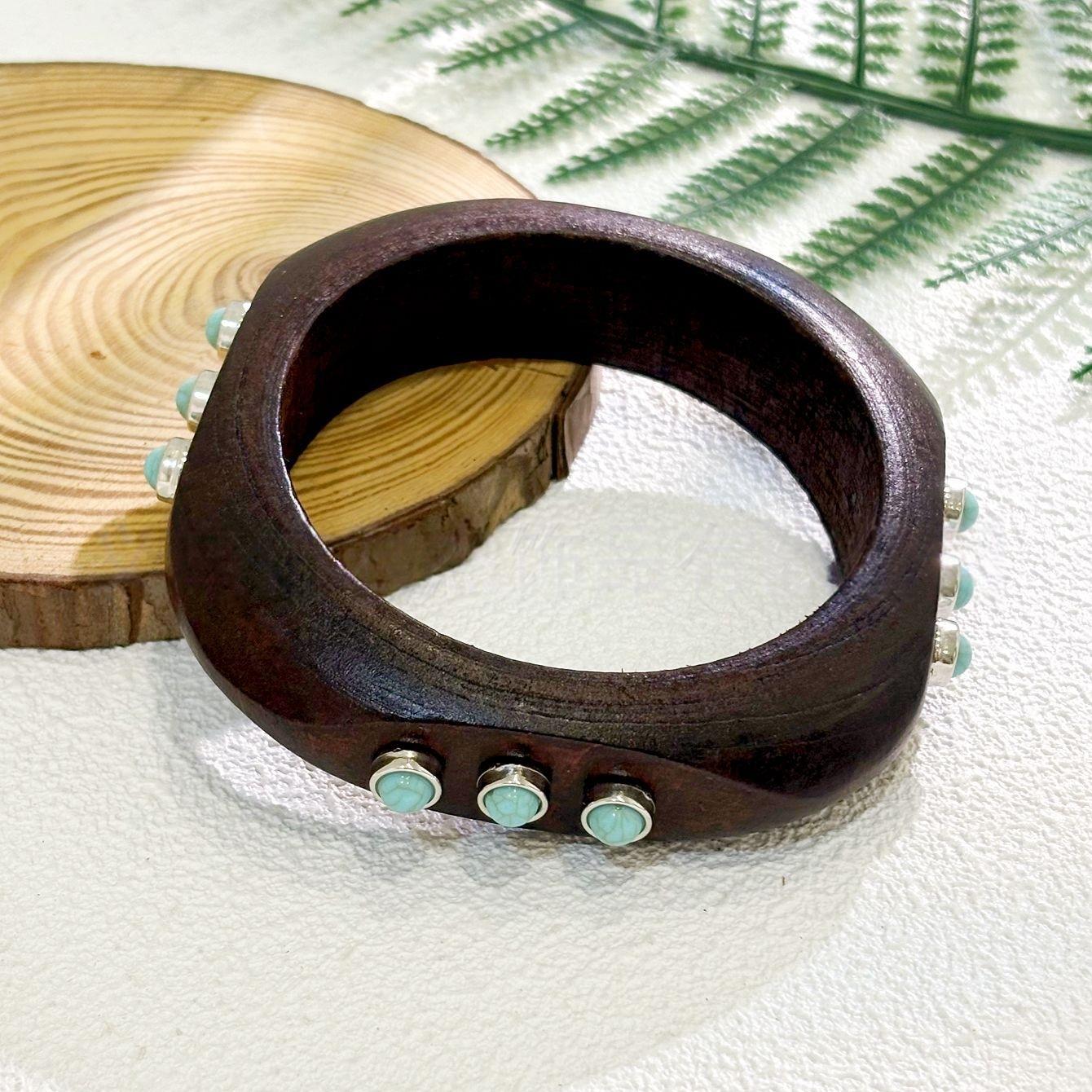 

Punk Irregular Wood Bangles Jewelry Hyperbole Geometric Inlaid Imitation Turquoise Bracelets for Women Fashion Pulseras