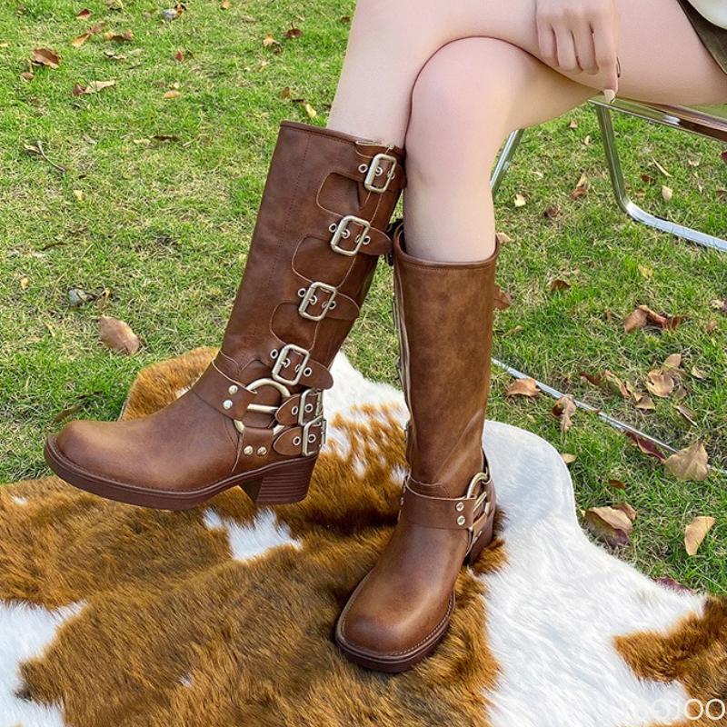 Fashion boots with belt buckle Spring Autumn new style thick heel increased height simple comfortable versatile women's boots