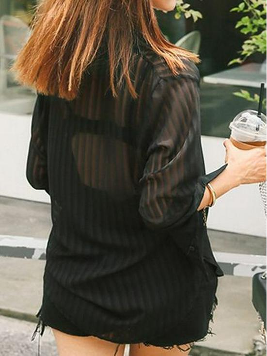 Chic Black Sheer Chiffon Shirt - Stylish and Sexy 2023 Mature Fashion Top