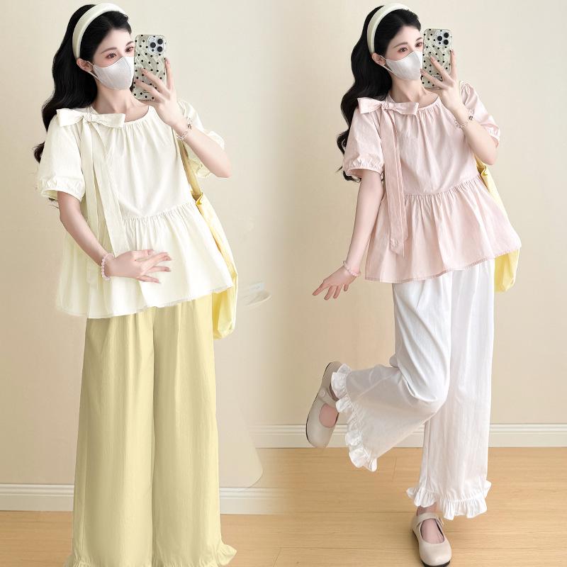 

2026 Summer Fresh Bow Top & Ruffle Wide-Leg Pants Set M