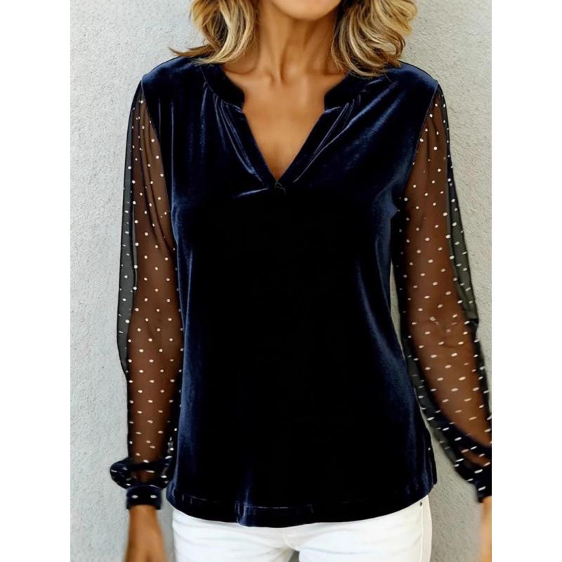 Elegant European & American V-Neck Lace Patchwork Velvet Long Sleeve Women's T-Shirt