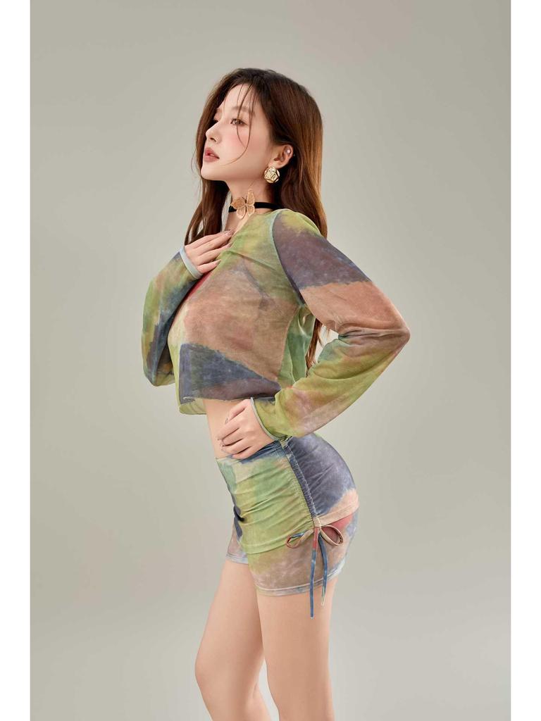 2025 Women's High-End Long Sleeve Swimsuit - Polyester Spandex, Flat Leg, Drawstring Beachwear for Vacations