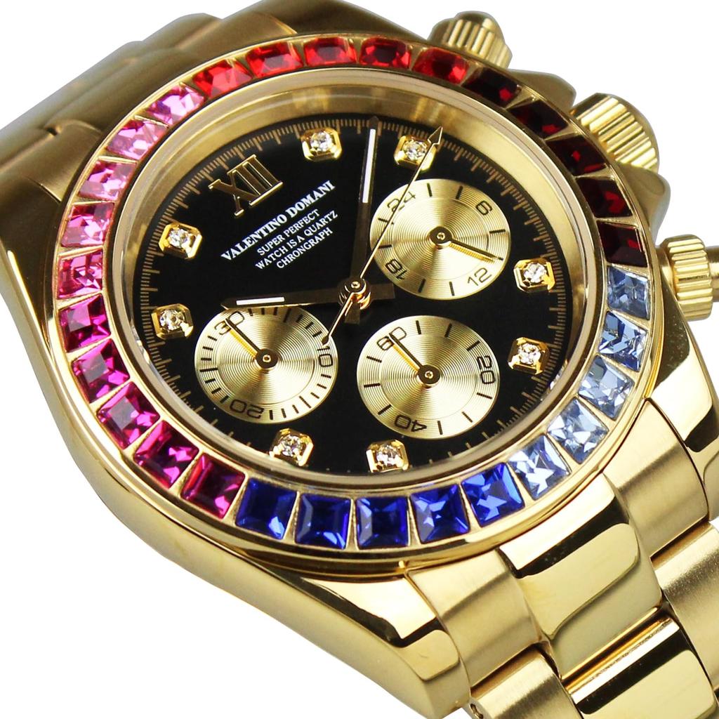 VALENTINO DOMANI Watch Chronograph Zirconia Gold GOLD Gold Black Face Bezel Zirconia VD006MUB Men's