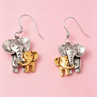 Yan Bai Oumei Dual-Tone Cartoon Elephant Mom & Baby Copper Earrings - Daily Fashion Accessory