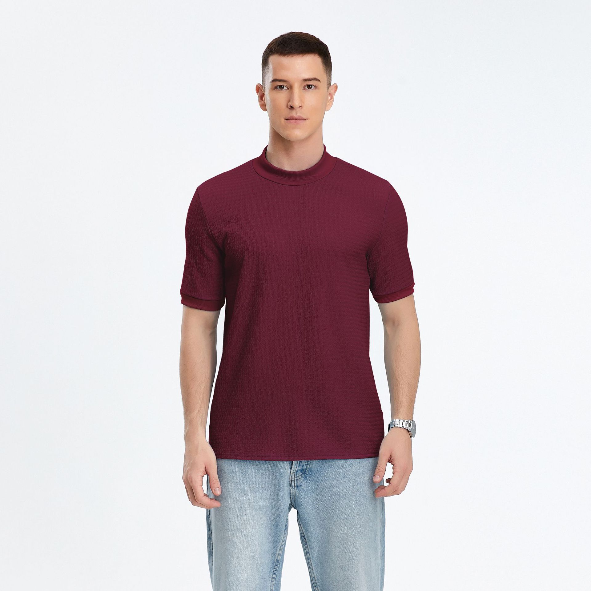 

Летняя футболка для отдыха с простой текстурой, трикотажная, мужская, с высоким воротом и узором «волны», однотонная, с коротким рукавом XXXL вино красного