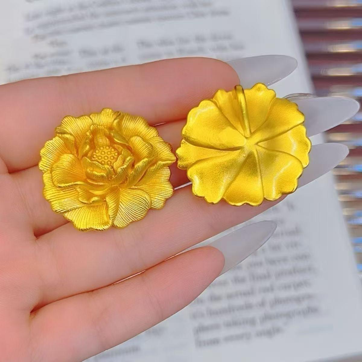 Golden Luxurious Peony Pendant with Black Rope