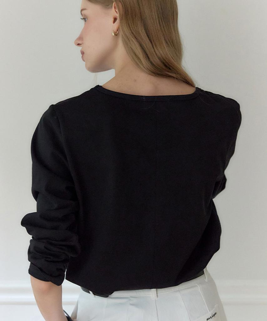 OURHOPE Logo Silky U-Neck Sleeve T-Shirt - Black
