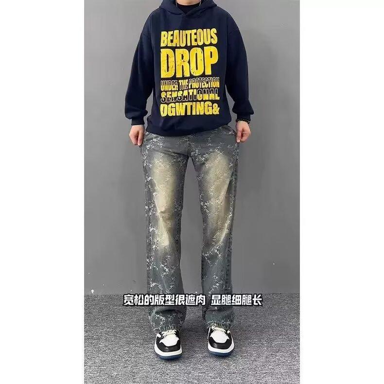 JYL Mens Jeans Autumn Light Blue Straight Cropped Slim Casual Denim