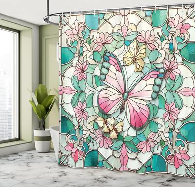 Vintage Shower Curtain, Mosaic Stained Glass Inspired Illustration of Spring Flowers and Butterfly, Cloth Fabric Bathr