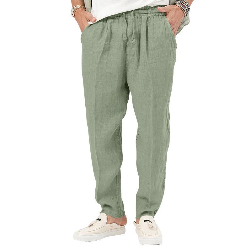 New Thin Section of Men's Fashion Large Size Solid Colour Leisure Drawstring Cotton Linen Trousers Breathable Trousers