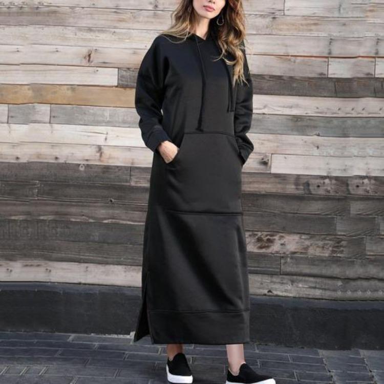 Women Sweatshirt Dress Hooded Solid Color Long Sleeve Front Drawstring Autumn Winter