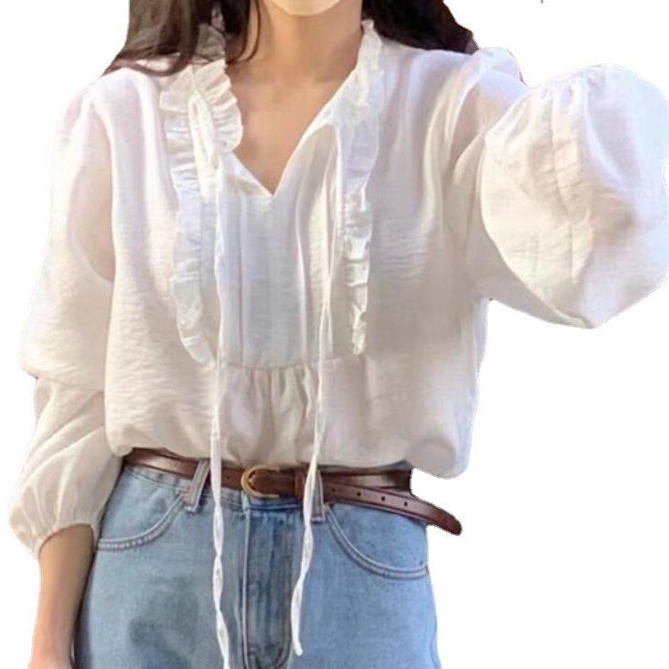 Autumn 2025 Women's Korean Ruffle Tie-Up Puff Sleeve Loose Shirt