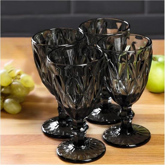 Vintage Wine Glasses Set of 4, Plastic Reusable 12 Ounce Colored Water Goblets, Unique Embossed Pattern Unbreakable Stemmed Wine Glasses, High Clear