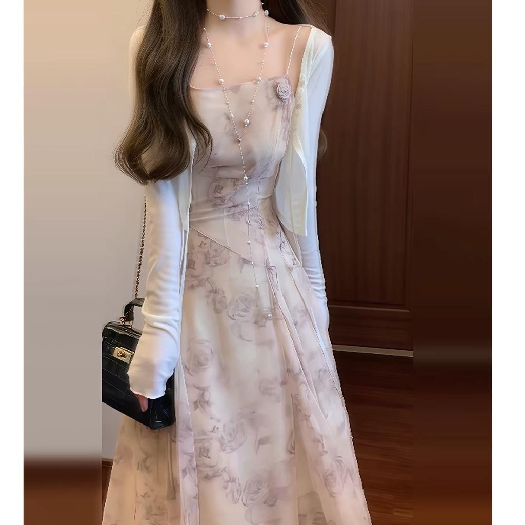 New small French chiffon long dress floral suspender dress two-piece suit female summer