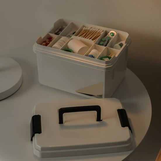 Medicine Storage Case Empty Box with Adjustable Multi-compartment Tier Lockable Lid First Aid Family Medication Organizer