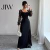 Einfarbiges Outfit Langarm-Kleid mit Blumenspitzenärmeln für Damen, Eckiger Ausschnitt Rüschen A-Linie Partykleid, Schmale Taille Maxi
