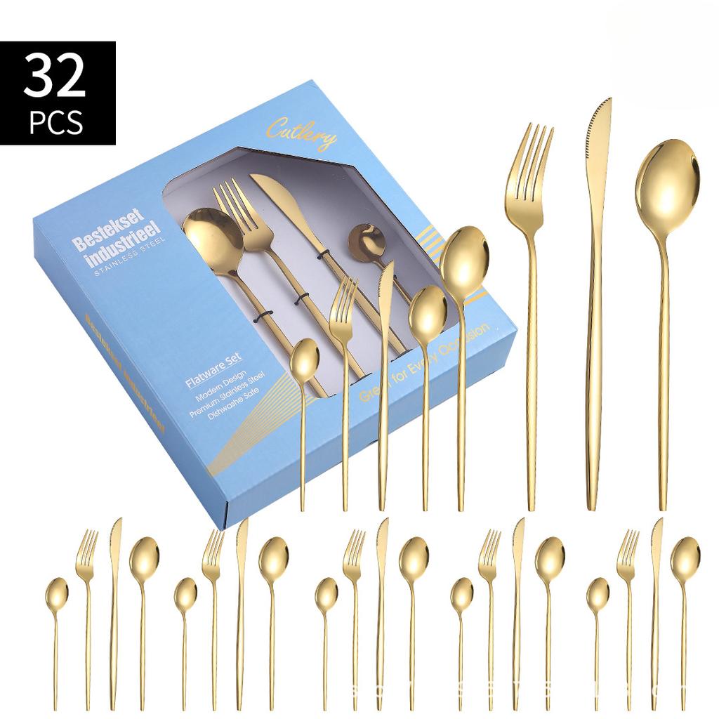 Stainless Steel Western Tableware 32 Pieces Suit Steak Knife, Fork and Spoon Gift Package with Window-Type Holes Suit