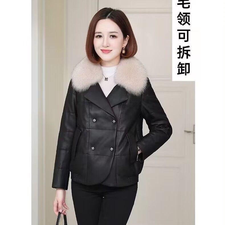 Haining leather jacket down cotton jacket women's short small winter clothing new Korean version fashion fur thickened leather jacket tide