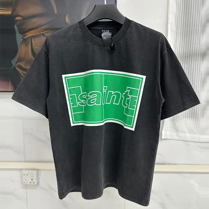 Unisex Unisex Couple Classic Green Box Logo Print Saint Tshirt Top Quality Cotton Oversized Tee Tops Vintage Washed Black T Shirt