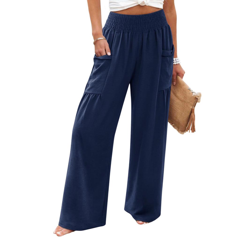 Damskie elastyczne spodnie z wysokim stanem, o swobodnym kroju, z szerokimi nogawkami, długie spodnie, spodnie z kieszeniami