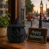 Handgemaakte Geweven Textuur Ambachtelijk Kunst Rotan Halloween Pompoen Beeldje, Zwart Hars Beeld met Heks Herfst Feest Raamdecoratie Hoed, Rustiek Vlechtwerk