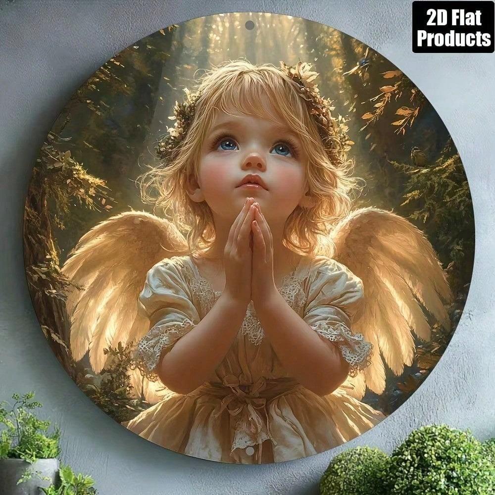 Prayer Angel Metal Sign 8x8 Inch Round Aluminum Plaque Inspirational Wall Art for Home Kitchen Cafe Bar Office Decor