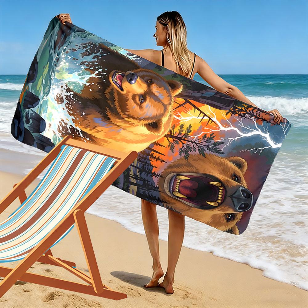 Fierce Roaring Bear Backdrop Print Beach Towel, Quick Drying, Suitable for Travel, Outdoor Sports, Jogging, the Beach and Swimming, Gift