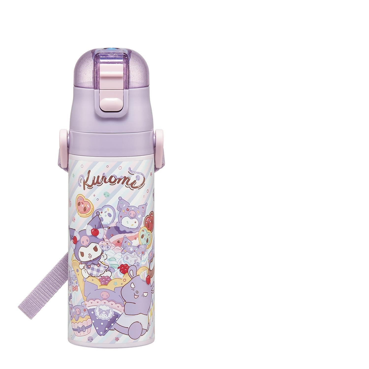 

Бутылка для воды Skater Water Direct Sanrio Kuromi Fancy Snacks, спортивная, из нержавеющей стали, для детей, 470 мл, для питья, и сладостей, для девочек, термоизолированная, стальная,