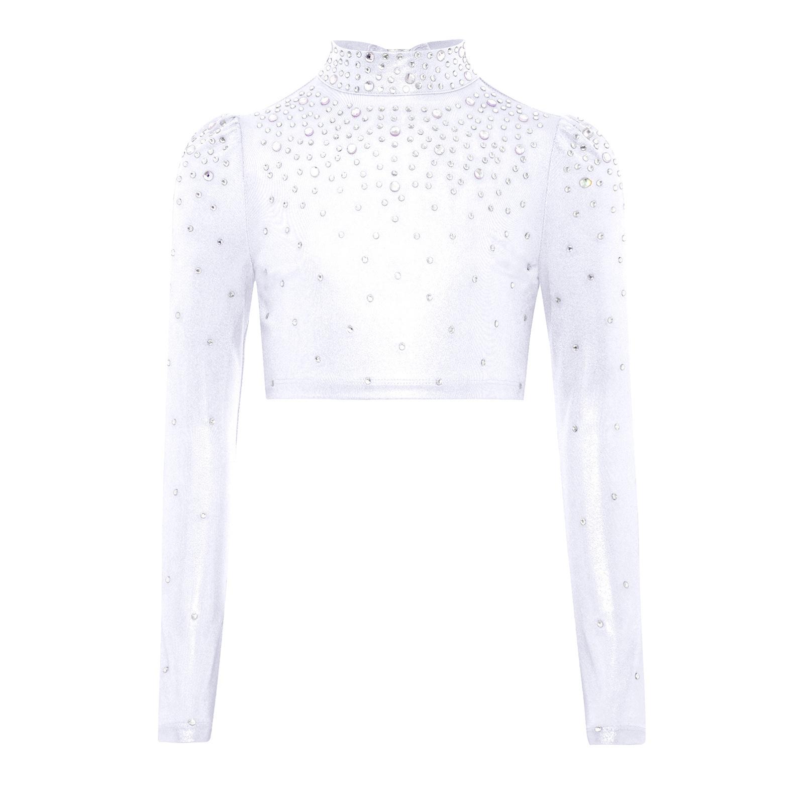 

Дівчачий топ з довгим рукавом і коміром-стійкою, з вирізом-краплею на спині, металізований, з блискучими стразами, кроп-топ для джазового танцю 7-8 Years білий