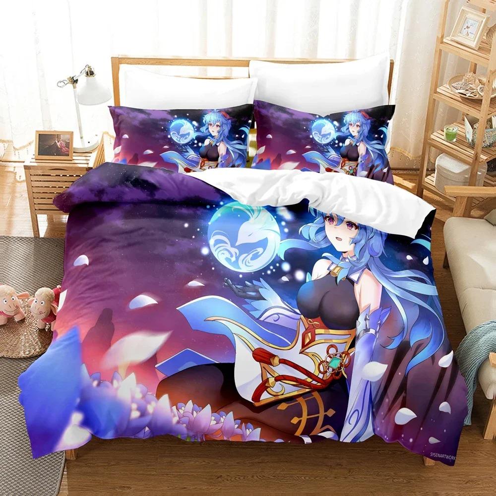 3D Printed Genshin Impact Bedding Set Winter Warm Polyester Quilt Cover Cartoon Game Design 3PCS