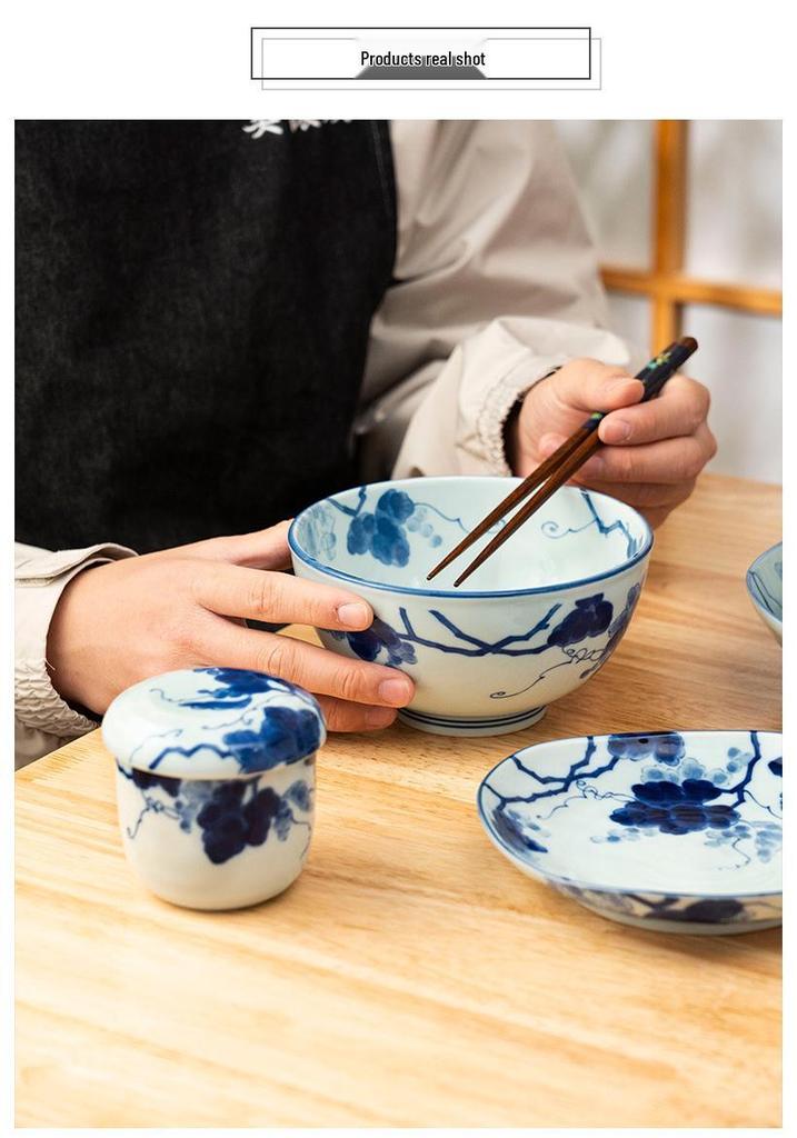 Indigo-Dyed Mino Ware Ceramic Grape Bowl & Plate Set