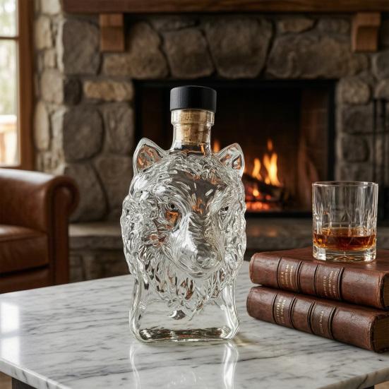 Wolfskopf Whiskey-Karaffe, 3D-Glas-Wolf-Spirituosenflasche mit Stopfen, Handgeblasener Tier-Weinspender für die Hausbar, Geschenkbox
