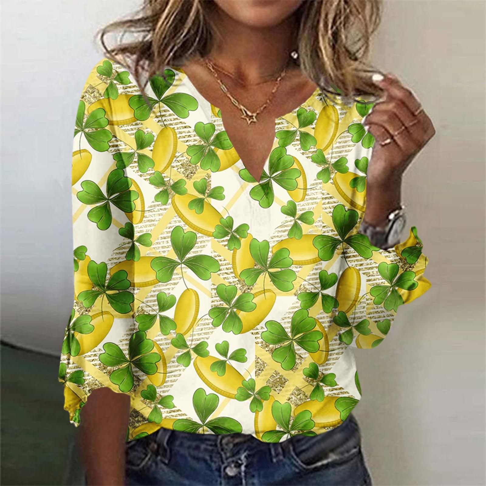 

Блузки для женщин, нарядная повседневная рубашка с расклешенными рукавами с рукавами 3/4 St. Топы с принтом ко Дню Святого Патрика, винтажные футболки, туники, осенняя одежда XL жёлтый